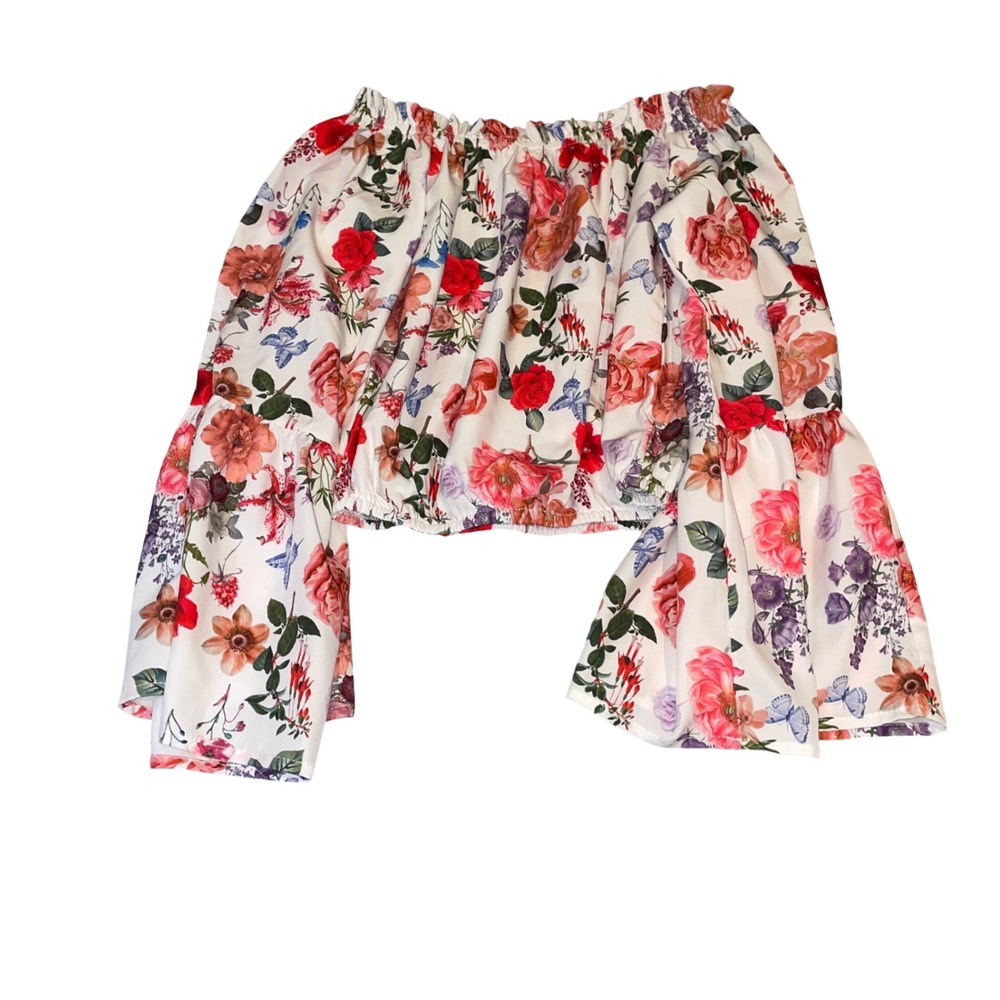 Floral Off Shoulder Crop Top Bell Sleeve Boho Cottagecore Peasant BlouseSmall - Picture 2 of 7
